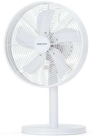 Mellerware Ventilador de Sobremesa Brizy Circle | 35W de Potencia | Oscilante | 3 Velocidades | 5 aspas metálicas 30 cm Diámetro | Aluminio | Caudal de aire fresco | Fácil transporte | Blanco