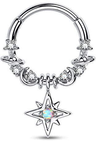 CM Crareesi Mania Dangle Septum Piercing Jewelry Star Septum Ring 8mm 316L Surgical Steel Daith Piercing Jewelry Dangle Nose Ring 16G Cute Helix Earrings for Women