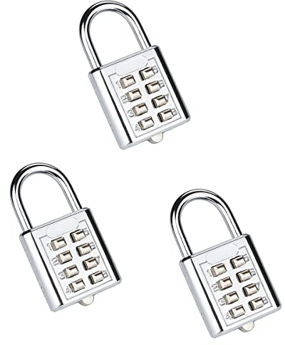 NUZAMAS Paquete de 3 candados de combinación resistentes, combinación de 8 dígitos, 35 mm, aleación de zinc para resistencia a la corrosión, candado impermeable sin llave para el hogar, la escuela y