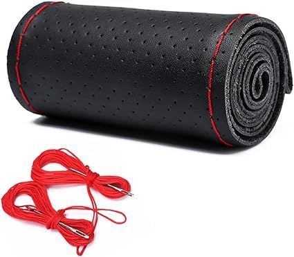 Funda Volante Coche,Universal 36-40 cm Cubierta Volante de Cuero de Vacuno para automóvil,Cubierta Protectora del Volante con Aguja e Hilo, Elegante y Transpirable(Color Negro,Hilo Rojo)