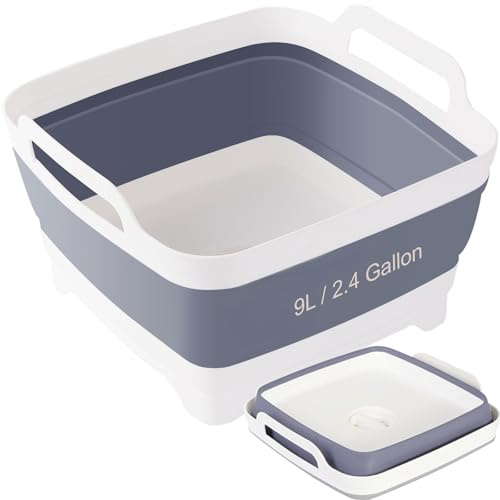 Collapsible Dish Basin & Sink Tub with Drain Plug – 2.4 Gal Baby Bottle Wash Basin, Bottle Washing Bin for RV, Camping, Kitchen | Collapsible Water & Bottle Basin (Grey)