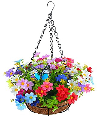 Artificial Hanging Baskets Outdoor, Fake Hanging Baskets Artificial Flowers Flowerpot, DIY Artificial Outdoor Plants and Flowers Hanging Front Door Plants for Outdoor Outside Garden (G)