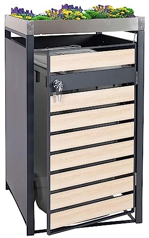 Mendler 1er Mülltonnenverkleidung HWC-J81 - Buche-Holzoptik | mit Pflanzkasten, erweiterbar, Metall, 125x68x80cm, 31kg, anthrazit