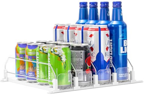 Rula Getränke-Organizer für Kühlschrank, selbstdrückender Soda-Dosenspender für Mini-Kühlschrank, breitenverstellbarer Wasserflaschen-Schieber, weiß, 4 Reihen, 31 cm Durchmesser