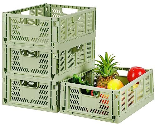 Bossjoy 4 Pack Plastic Storage Crates Foldable Shelf Storage Basket Bins for Food Fruit Vegetables Snacks Toys Toiletries, Home Kitchen Office Storage Box Pantry Organization Cabinet Organizer
