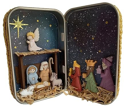 Jomewory Nativity Scene Sets, Wooden Nativity Box Ornament, Hand-Painted Holy Family Religious Figurine, Colorful Nativity Box Ornament for Living Room Art Decor