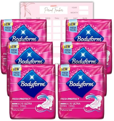 Body Form 10 Ultra Sanitary Towels with Wings Pack of 6, 60 (10 x6 Packs) Perfume Free Period Pads, Normal Flow Cour-V Ultra with Caliko Period Tracker