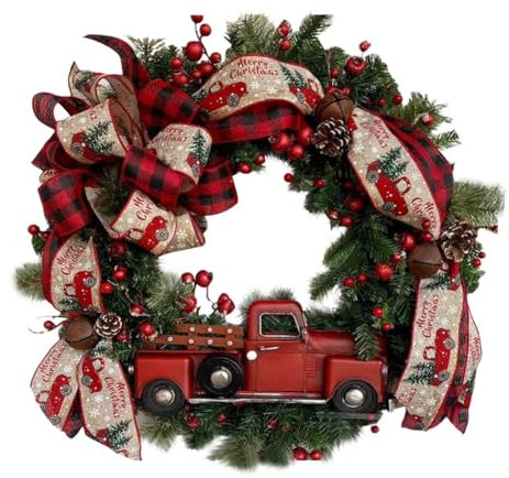 Bullpiano Couronne de Noël pour porte d'entrée, couronne de Noël camion rouge de 40 cm avec baies rouges, pommes de pin et nœuds en nœud, couronne vintage à carreaux, décorations de Noël à suspendre,