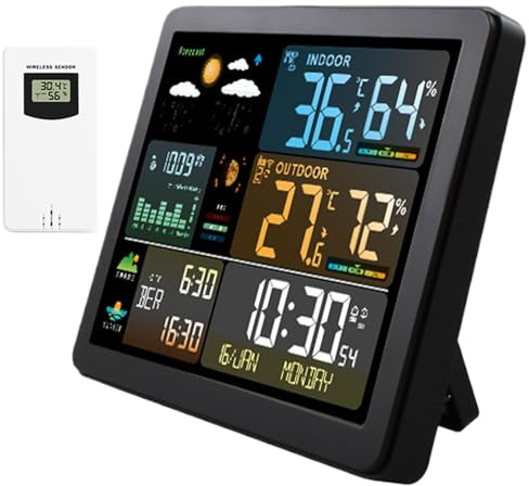 Genérico Estación Meteorológica Inalámbrica Pantalla 6.8 Pulgadas Termómetro Interior Exterior WiFi Termómetro de Temperatura Reloj Atómico °C/°F