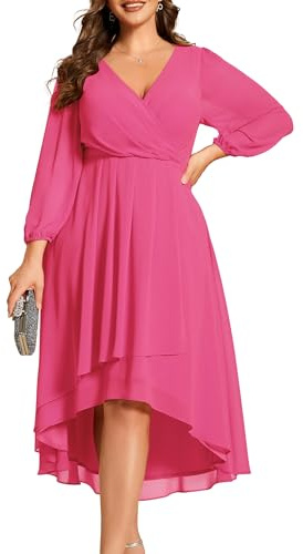 Ever-Pretty Robe de Soirée Femme A Line High Low Col V Manches Longues pour Mariage Chic Rose Rouge 44