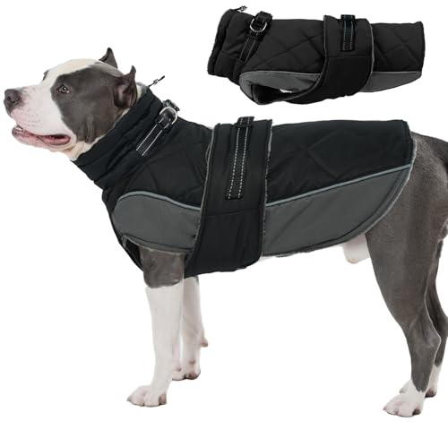 Katzinst Hunde Wintermantel XXL mit Sicherheitsschnalle, Warmer Hundemantel Wasserbeständig für Große Hunde Dobermann, Labrador,Outdoor-Camping, Wanderbedarf, Schwarz, 2XL