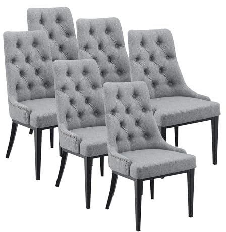 [en.casa] Esszimmerstühle 6er Set Chester Küchenstühle Essstühle gepolstert Esszimmerstuhl Metallbeine Küchenstuhl Polsterstuhl mit Chesterfield Muster Hellgrau