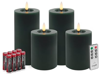 LC Home Candela Lights LED Kerzen Set Flammenlos Echtwachs inklusive Fernbedienung & Batterien Dimmbar Flammenfunktion (Winter Grün, 4er Set)