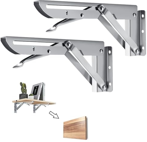 Lot de 2 consoles pliantes de 300 mm en acier inoxydable - Charge maximale : 60 kg - Supports d'étagère pliables pour table et support mural - Console argentée pour projets de bricolage