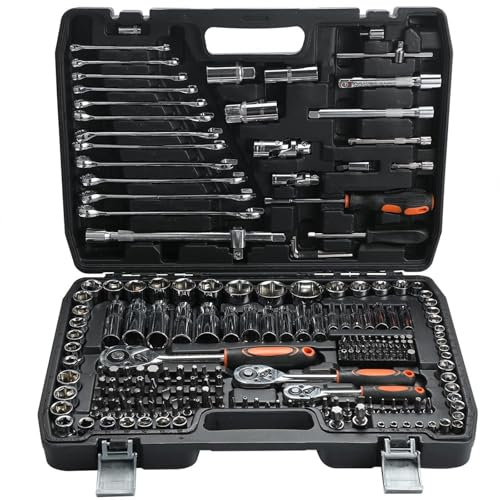 Pamatio 216 Piece 1/4 1/2 3/8 Drive Socket Set with Bits, Ratchet Wrench Set - Quick Release - CR-V - Socket Spanner Tool Set for Household DIY, Car Repair