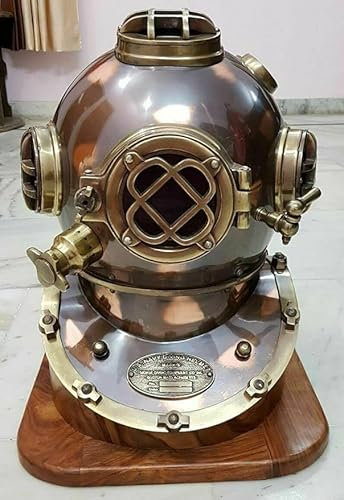Boston Taucherhelm US Navy Mark V Tauchhelm Messing Metall Mark V Tauchhelm mit braunem Holzständer Vintage Helm 45,7 cm