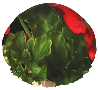 Gorro de ducha reutilizable para mujeres y hombres, grande, impermeable, lavable, gorro de baño rojo, geranios, banda elástica, sombrero de ducha de doble capa para cabello largo, trenzas