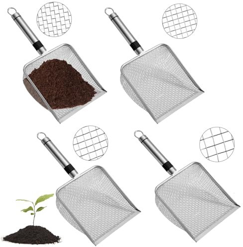 WANDGU Setaccio da giardino in acciaio inossidabile 4 in 1: setaccio da terra, setaccio a sabbia e compost con manico, 4 maglie intercambiabili (2/2.8/3.8/5 mm) – ideale per terriccio, semi e fai da