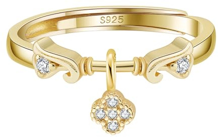 SILBERTALE Verstellbare Silberringe Damen 925 – Zirkonia Ring mit Charm Anhänger Schleife/Kleeblatt/Kreuz, Sterling Silber Ring in Gold & Silber