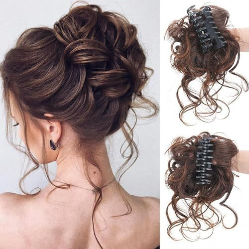 Haarteile Dutt mit Klammer Lockig Wellig Haargummi mit Haaren Messy Bun Klammer Synthetik Haar Scrunchies Haardutt Haarteile Messy Bun Klammerfür Damen (Schwarz)