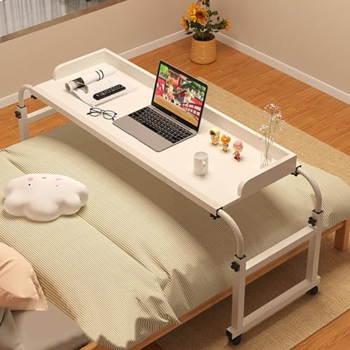 Bureau de lit réglable pour ordinateur portable de 115 à 210 cm, table de chevet mobile roulante avec 4 roulettes, station de travail portable et plateau de nourriture pour la maison et l'hôpital