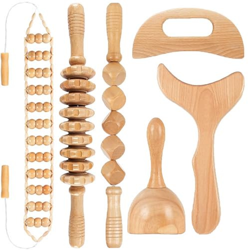 Cnwinu 6 Stück Massageroller Holz, Faszienrolle Holz, Anti Cellulite Massage, Faszienstab, Hölzernes Gua Sha-Brett, Massage Set für Körperformung, Lymphdrainage, Muskelschmerzlinderung, Anti Cellulite