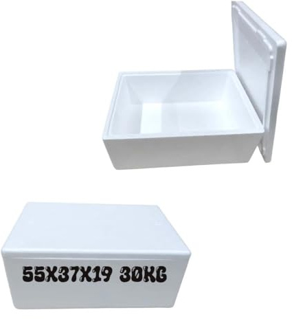 Generico Scatola Termica in Polistirolo, Contenitore Isotermico per Alimenti, Bianco, 55x37x19 cm, Capacità 30 kg, con Coperchio Ermetico, per Trasporto Refrigerato