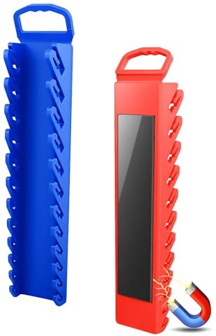2-Pack Magnetic Spanner Organizer, 24 Slots, SAE (1/4'' to 15/16'') | Metric 6mm-24mm, Wrench Rack Holder for Tool Box Drawer, Red/Blue