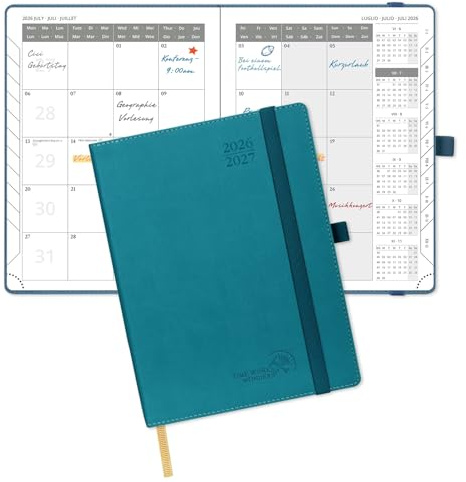 POPRUN Agenda Månadskalender 2026 2027, Juli'26 - Dec'27, 18 Månader 22 x 16,5 cm, 2 Sidor per Månad, Skolkalender, Mjuk PU Läderomslag, Papper 100 gsm,Stillahavsgrön