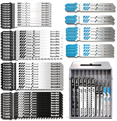 52 PCS T-Shank Jigsaw Blade Set with HSS & CRV Blades, Multi-Purpose Assorted Jigsaw Blades for Wood/Metal/Plastic, Includes T101B, T144D, T118A Models, Compatible with Bosch, DEWALT, Makita