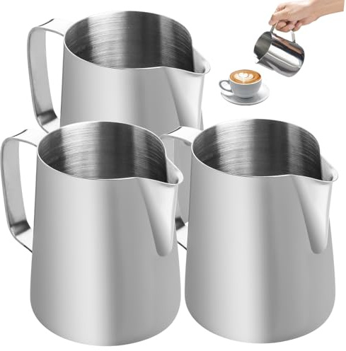 3 Stück Milchkännchen Edelstahl: 150 ml Milchkanne Edelstahl mit Griff, 5 oz Espressogießer Handheld Aufschäumkännchen, Milchkännchen für Milchaufschäumen, Cappuccino, Latte, Espresso