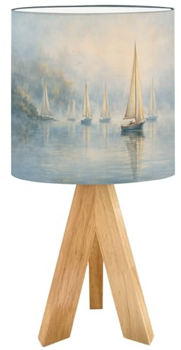 Tripod Bedside Table Lamp for Bedroom Sailboats Misty Lake Soft Watercolor Reflections Pastel Blue Tones Nightstand Lamps Desk Lamp with Linen Fabric Shade for Nursery Room Living Room Kids Room