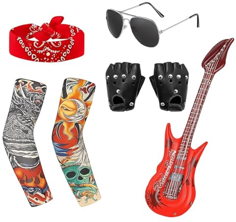 QiiWuic 5 Pcs Rockstar Fancy Dress Complete Set, Inflatable Guitar. Premium Music Themed Costume Accessories, Ideal for Festive Gatherings and Stage Performances