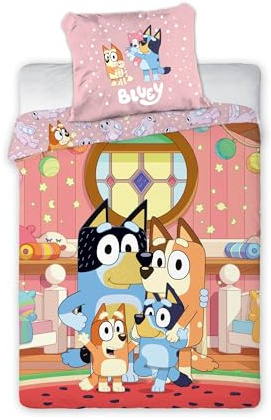 BrandMac Bluey Familie Bettwäsche Set 2 TLG. 135x200 cm 80x80cm 100% Baumwolle für Mädchen und Jungen, Wendemotiv Kinderbettwäsche, 1x Kissenbezug 80x80 + Bettbezug 135x200, Öko Tex