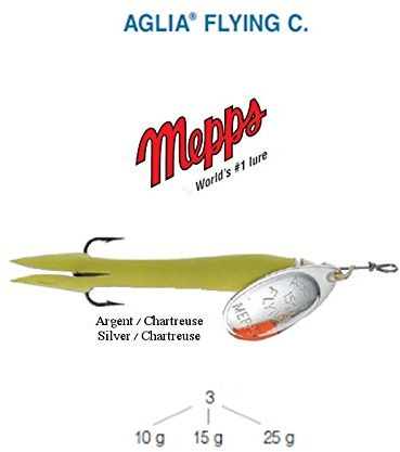 Mepps Aglia Flying C 10 G 15 G 25 G, 5 colores, trucha salmón lucio Bar (chartreus-argent, 15 g)