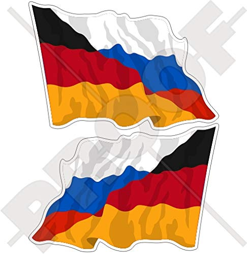 DEUTSCHLAND-RUSSLAND Deutsch-Russisch Wehende Flagge 75mm Auto & Motorrad Aufkleber, x2 Vinyl Stickers (Links - Rechts)