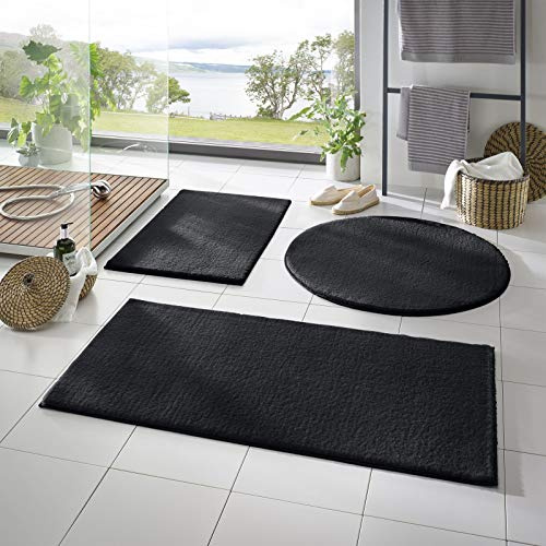 Taracarpet Badematte Fiona rutschfest waschbar Badezimmerteppich sehr weich und als Set kombinierbar Uni schwarz 050x080 cm