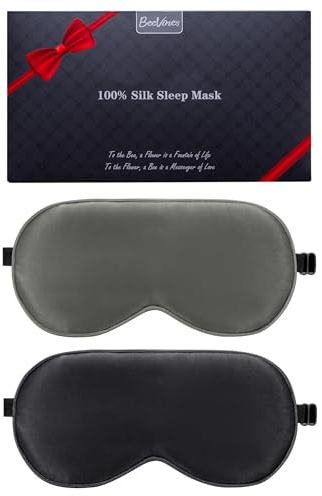 BeeVines Sovmask, 2-pack 100% äkta, Naturligt, rent silkesögonmask för sömn, viktad ögonmask med justerbart band, ögonbindel för sömn, blockerar ljus, skugga för ögonen (04 Svart & Grå)