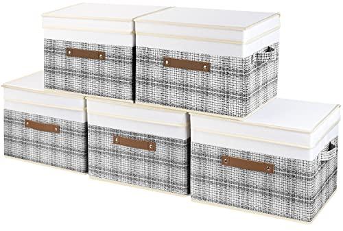 TYEERS Collapsible Storage Bins with Lids, Patchwork Design, Washable, Fabric Storage Boxes, 14.9x9.8x9.8 inches, 5 Pack, Gray
