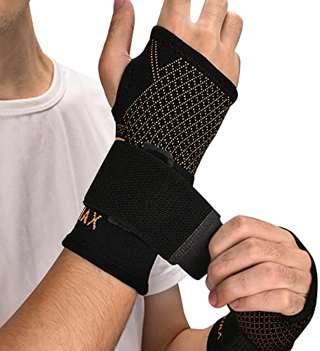 INDEEMAX Copper Wrist Compression Sleeve 1 Pair, Comfortable Hand Brace Support with Strap for Arthritis, Tendonitis, Sprains, Workout, Carpal Tunnel - Left & Right - Women and Men