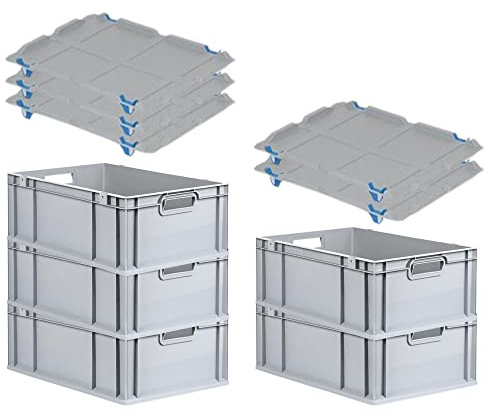 PROREGAL SuperSparSet 5x Eurobox NextGen Economy mit Auflagedeckel und 4x Schiebeschnappverschlüsse Blau, Griffe offen, HxBxT 22x40x60cm, 44L, Eurobehälter, Transportbox, Transportbehälter