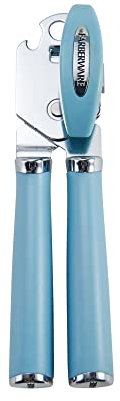 Farberware Abrelatas profesional retro resistente de acero inoxidable con borde liso manual con mango suave al tacto, a prueba de óxido, de gran tamaño, perilla de giro fácil, azul