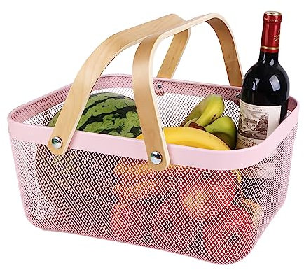 Ymeibe Portable Mesh Harvest Basket - Natural Bamboo Handle Foldable Organizer for Kitchen, Garden & Picnic | Ventilated Storage Bin with Rust-Proof Wire, Space-Saving Farmhouse Decor (Pink)
