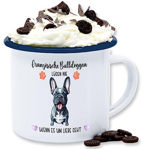 Emaille Tasse Blechtasse - Hunde - Französische Bulldogge - Geschenk Hundebesitzern - 300 ml - Weiß Blau - personalisierte hund hundebesitzer bulldoggen tassen hundemotiv french bulldog hunden