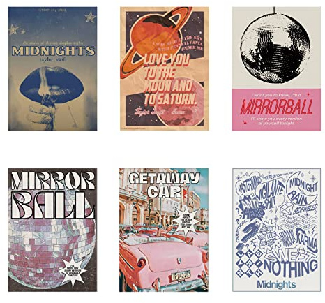 CEKEIOLMLW Vintage Mirrorball Musik Midnights Poster Folklore Wandkunst Druck für Raumdekor Ästhetische Spiegelkugel Raumdekor Retro Wandposter ungerahmt 6 Stück 17,8 x 25,4 cm