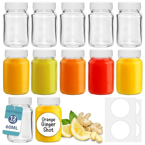 HEFTMAN Glass Shot Bottles with Lids - 12 Pack 60ml Empty Mini Bottles for Ginger Shots with Cleaning Brush & Labels - Reusable, Clear, Airtight - Ideal for Juice, Oils, Sauces, Medicine