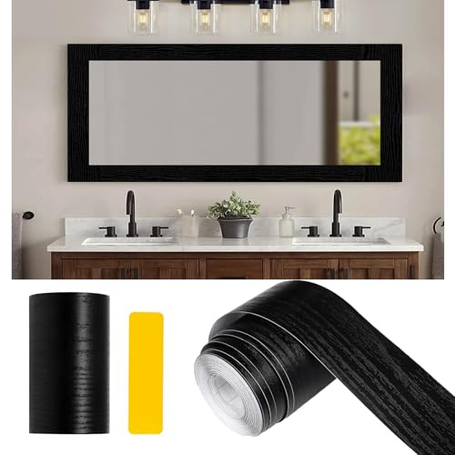 Alened 10M Black Wood Grain Mirror Tape Border Peel and Stick Wallpaper, Removable PVC Waterproof Bathroom Mirror Frame Sticker Trim, Kitchen Wallpaper Self Adhesive Decor Sticker 3.14 x 393