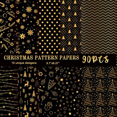 MIAHART 90 Blatt Frohe Weihnachten Musterpapier-Set 10 Designs A5 Größe Festival Dekoratives Bastelpapier für Kartenherstellung Scrapbook (Schwarz & Gold, A5-90)