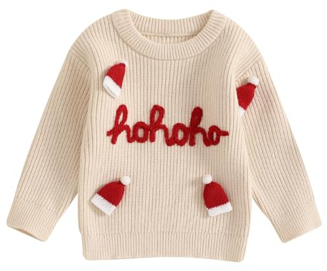 LSFYSZD My First Christmas Knit Sweater Toddler Baby Girls Boys Tractor Embroidery Long Sleeve Winter Warm Knitwear Pullover Jumper Tops (Hohoho Hats-Beige, 2-3 Years)
