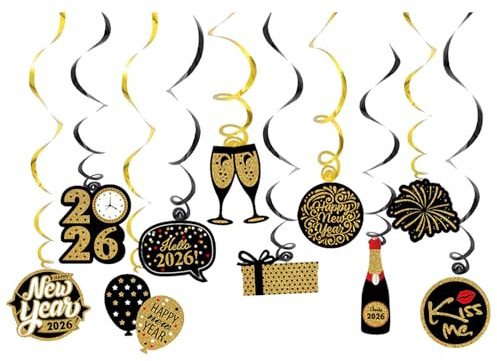 20 Stück Happy New Year Hängende Wirbel, Spiral Wirbel Deckenhänger Girlanden, Hängedeko Mit Bändern Und Ösen- Gold Schwarz, Für Silvester Neujahr Party Feier Deko, Silvester Party Dekorationen